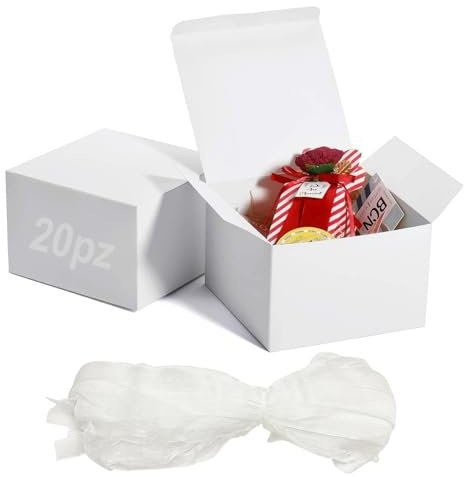 Festa Centro (15x15x10 cm) 20 Pz Scatoline Regalo Kraft Quadrate Bianche + 20 nastro; Scatola Cartone con Coperchio Facile da Assemblare - Scatole Bomboniere per Compleanni e Matrimoni.