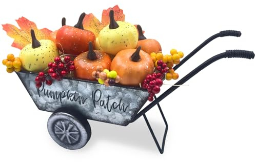 Decoración de Calabaza de Otoño, 23.5 cm Carretilla de Metal con Calabazas Artificiales, Hojas de Bayas, Otoño Carro de Calabaza Vintage Decoración para Jardín, Cocina, Mesa, Balcón, Terraza, Rústico