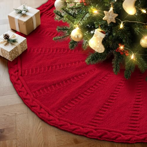 Lanpn Falda Cubre Pie para Arbol de Navidad de 90cm, Gran Alfombra de árbol de Navidad Redondas de Punto, Cubiertas para Base Alfombra para Decoración Navideña de Interiores (Rojo)