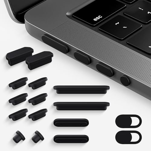 CaseBuy Lot de 14 bouchons anti-poussière pour MacBook Pro 14/16 M4 M3 M2 M1 Pro/Max, connecteurs HDMI, Thunderbolt, SDXC, Magsafe, écouteurs et 2 caches webcam