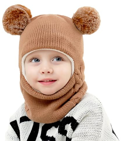 Koerye Pasamontañas Térmicos de Invierno 1-6 Años Niño Niñas Bebés Caliente Bufanda Set Cálido Caliente Lindo Gorro de Punto con Forro Niños Caqui