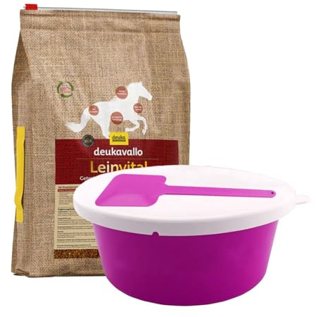 deukavallo Leinvital Kit de nourriture pour cheval - Graines de lin Mash sans céréales 6 kg + bol de 5 l avec couvercle et cuillère à mash - Nourriture digestive pour chevaux sensibles et changement