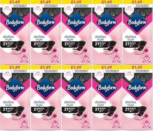 Body Form Black Normal Panty Liners, 210 Total Count 10 Packs of 21