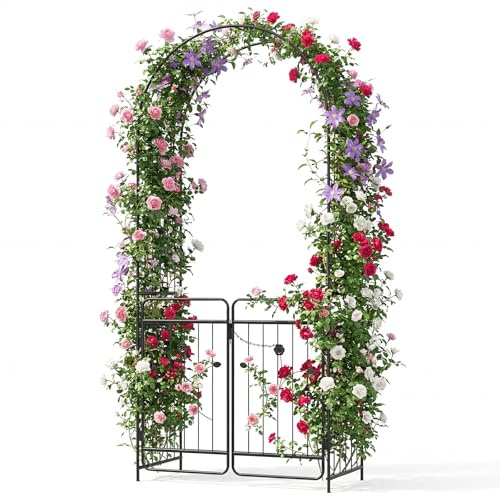 COSTWAY Arco da Giardino in Metallo, 102x49,5x223 cm, Arco per per Piante Rampicanti, Rose e Viti con Porta con Serratura, Piastre di Base e Picchetti, Pergolato da Esterno per Matrimonio e Festa
