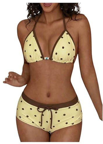 GORGLITTER Women's Polka Dots Bikini Set Y2k Beach Vacation Swimsuits | Triangle Halter Tie Top, Low Waisted Shorts, 2 Piece Colorblock Swimwear, Summer Bathing Suit