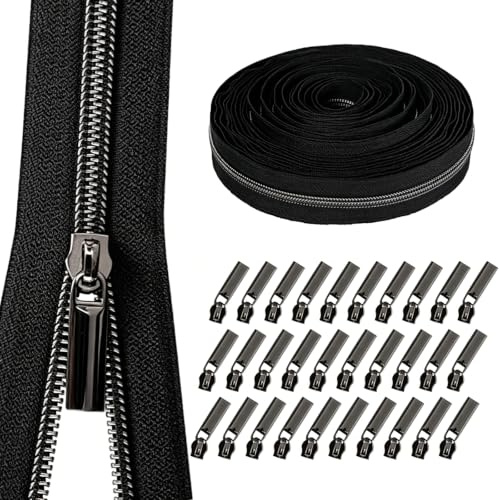 Oändlig dragkedja med dragkedja, 10 m, dragkedja, set med 30 dragkedjor, 32 mm, bredd 6 mm, skendragkedja för sömnad, virkning, kan skäras till för fickor, kläder, gör-det-själv-svart (svart)