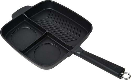 Masterpan Non Stick 3 Section Grill & Griddle Pan 28cm | Perfect for Steak, Skillet Griddle Pans | Space Saving Camping Induction Hob Pan