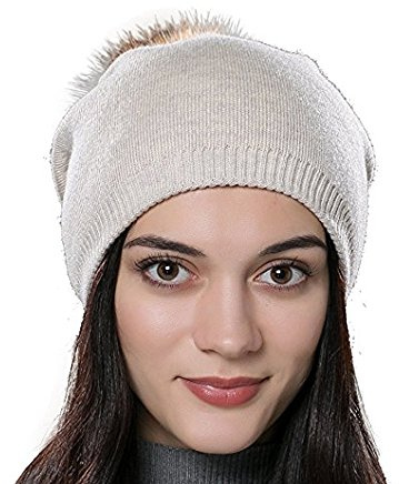 DUVERT Bonnet Femme Hiver/Tuques d'hiver/Bonnet Chapeau Femme Unisexe Laine tricoté avec Un Pompon de Vrai Raton Laveur Fourrure (Beige)