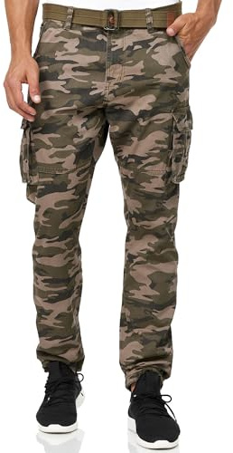 Indicode Herren William Cargohose aus Baumwolle m. 7 Taschen inkl. Gürtel | Outdoorhose Dired Camouflage, L