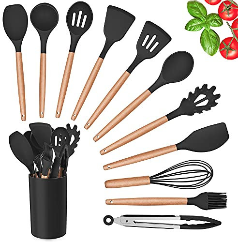Herogo Küchenutensilien Set, 12 Stück Silikon Küchenhelfer Kochbesteck Set mit Halter, Hitzebeständig Kochgeschirr Set mit Holzgriff, Antihaft Pfannenwender Set - Schwarz