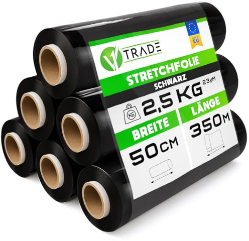 V1 Trade Film Noir Emballage Noir - 6 Rouleaux Film Palette 50cm x 350m - Plastique Protection pour Colis et Meubles