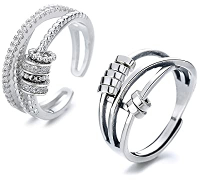ERLOSYA 2pcs Fidget Band With Beads Spinner Rings for Women,Anti Anxiety Ring Stainless Steel Ring Sand Blast Finish.Unisex Adjustable Stacking Worry Ring (2 Pcs)