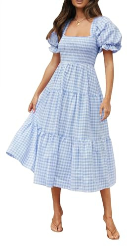 ZESICA Robe midi d'été bohème à Carreaux pour Femme, col carré, Manches Bouffantes, Volants, Fluide, Plage, Bleu Clair, Taille S