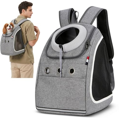 ALLSOPETS Zaino Cani Zaini Porta Cani Gatti Zaino Trasporto Cani e Cuccioli Marsupio Animali Domestici Zaino Gatto con Guinzaglio di Sicurezza per Viaggo Campeggio Escursioni (Grigio Chiaro)