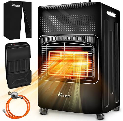 TRESKO 4200 Watt Gasheizung inkl. Gasdruckregler Gasschlauch + Abdeckung | Gasheizer Gasofen Gasheizofen mit 3 Stufen | Infrarot Gasheizgerät (Schwarz)