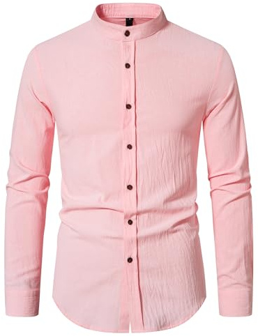 MakingDa Camicia da uomo in cotone e lino con collo alla coreana, vestibilità regolare, maniche lunghe, casual, con bottoni, camicie con collo fasciato, rosa, L