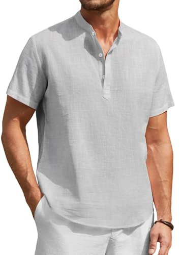Enlision Linne Skjorta Herr Kortärmad Sommar Casual Skjortor för Män Mao Ibicenca Button Up T-shirt Bomull Enfärgad Kläder S-4XL, Ljusgrå, 3XL