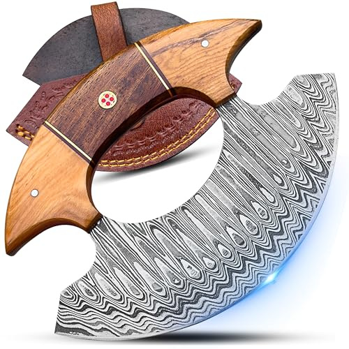 Handmade Damascus Ulu Knife with Leather Sheath – Alaskan Style Mezzaluna Pizza Cutter & Herb Chopper, Wooden Handle, Curved Blade for Meat, Vegetables & Outdoor Cooking, Unique Gift for Men