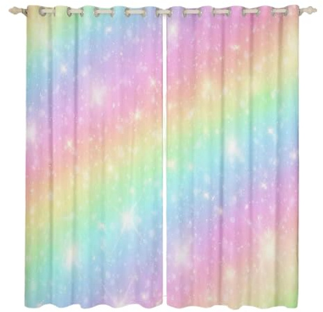 Homewish Rainbow Curtains for Kids Girls Teens Bedroom, Tie Dye Pastel Curtains & Drapes 66 Wx90 L Golden Glitter Girly Sweet Blackout Curtains Abstract Watercolor Art Black Out Curtains 30%-50%