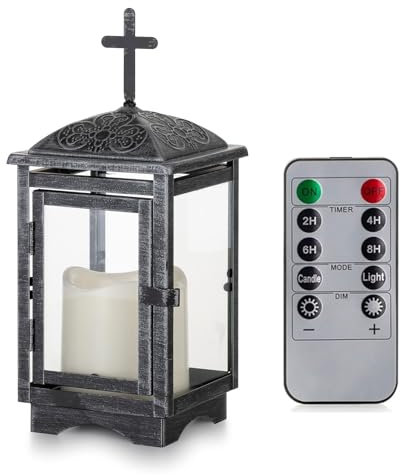 Staymoment Lanterne funéraire résistante aux intempéries avec bougie LED : lanterne de cimetière d'extérieur bougeoir lampe funéraire lanterne funéraire décoration funéraire métal noir