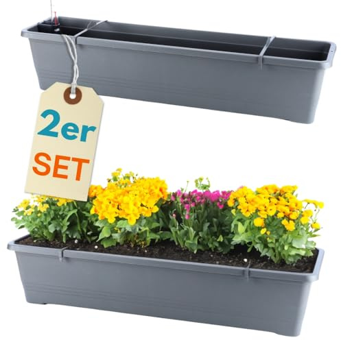 GarPet 2er Set Blumenkasten mit Wasserspeicher Blumenkasten Fensterbank Pflanzkasten Outdoor Wasserstandsanzeiger Gießschacht Bewässerungsband 80 cm Anthrazit
