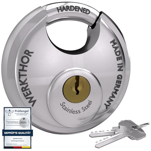 WERKTHOR Cadenas Avec Clé – Cadenas en Disque de 7 cm pour Verrou de Remorque – Cadenas de Sécurité + 2 clés – Cadenas à Anse Ronde