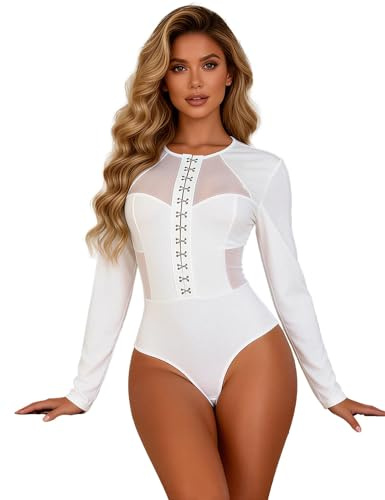 ohyeahlady Women's Sexy Long Sleeve Bodysuit Sheer Mesh Back & Sides Body Suits Soft Stretchy Going Out Leotard Tops with Adjustable Snap Closure White Size M