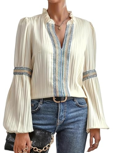 Apricot,S,Blusas para Mujer, Estilo Informal de Negocios, holgadas, de Manga Larga, con Cuello en V y Estampado étnico, Estilo Western, Tops de Verano