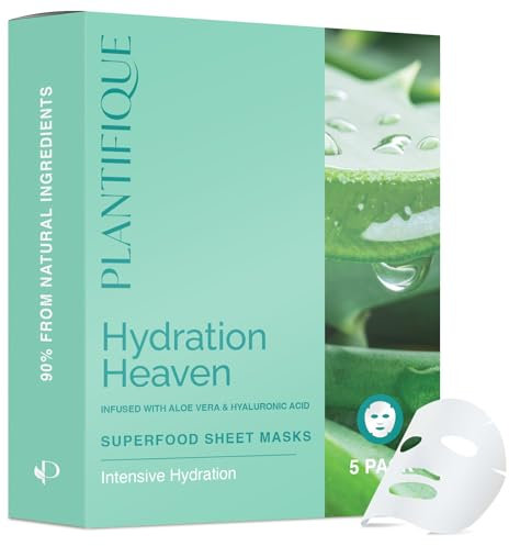 PLANTIFIQUE Koreanische Gesichtsmaske 5-Pack mit Superfoods - Aloe Vera, Hyaluronsäure & Ceramid NP - Feuchtigkeitsspendende und beruhigende Tuchmaske - Korean Face Mask