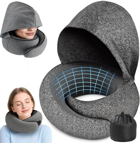 Purova Almohada Viaje con Capucha, Cojín para el Cuello de Avión, Almohada Viaje Cuello, Se Enrolla Fácilmente y en el Compartimento Integrado, Cojín de Espuma Viscoelástica para Avión