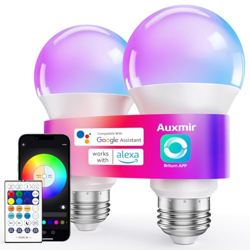 Auxmir Lampadina Alexa E27 Intelligente, Lampadine Smart LED Dimmerabile Multicolore RGB e 100+ Modalità, 10W 800 LM Compatibile con App, Alexa e Google Home, Controllo Remoto, 2 Pezzi