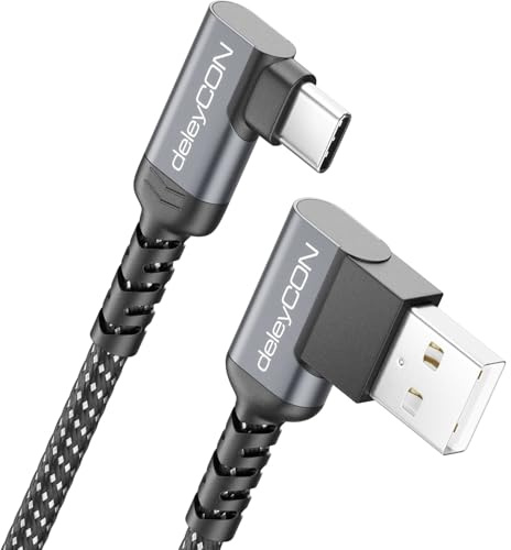 deleyCON 0,5m USB-C-Kabel Kort 2x Vinkel 90° USB-A till USB-C Laddkabel Datakabel Vinklad för iPhone 17 16 15 Pro Max Air Galaxy A16 A56 S25 S24 S23 Pixel AirPods Notebook PS5