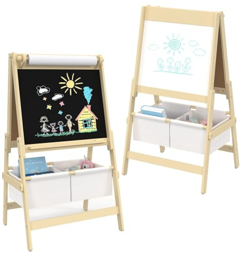 IDMarket - Pizarra Infantil 3 en 1 Caballete de Doble Cara con Rollo de Papel y 2 Cestas de Almacenamiento