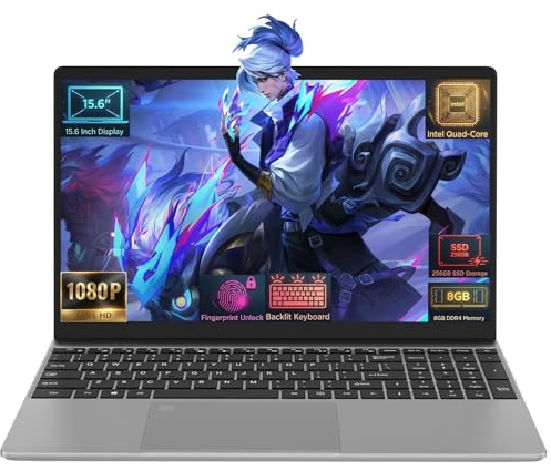 Trygood Laptop 15,6 Zoll Full HD IPS Display | Notebook mit Fingerabdruck-ID & Beleuchteter Tastatur, 8GB RAM 256GB SSD, Intel Quad-Core N5100, Schlankes Design für Business, Uni & Home Office