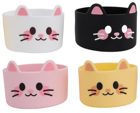 HPZIHUIT 4 pièces botte de bouteille d'eau en silicone motif de chat de dessin animé manchon inférieur de bouteille antidérapant manchon de botte en silicone pour bouteilles et