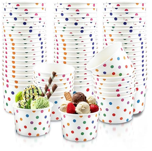 shallyong Coppette Gelato, 50 Pezzi Coppe Gelato Carta con 50 Cucchiaio Gelato, Bicchieri Gelato Carta, per Torte, Dessert, Frutta, Zuppa, Snack (Punti colorati - B)