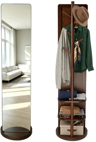 Helkroppsspegel | Stående spegel med 360° vridbar och klädställ | Stående spegel 164 * 40 cm i massivt träglas | Helkroppsspegel för sovrum, vardagsrum, garderob (Nötträ, B)