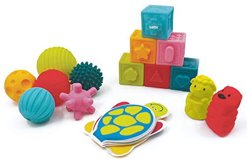 Ludi - Coffret De Jouets D'Éveil Bébé - Dès 10 Mois - Développe Le Bien-Être, Le Toucher, La Découverte & La Réflexion - 6 Cubes, 6 Balles Sensorielles, 1 Livre & 2 Animaux Rigolos pour Le Bain