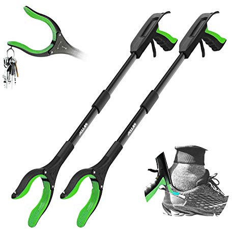 Jellas 2 Stück Faltbare Greifer mit Schuhlöffel, 0°- 180° abgewinkelter Arm, 80cm Langer Greif-Werkzeug mit Magnetspitzen für die Müllabfuhr, Abfallsammlung, Armverlängerung (grün)