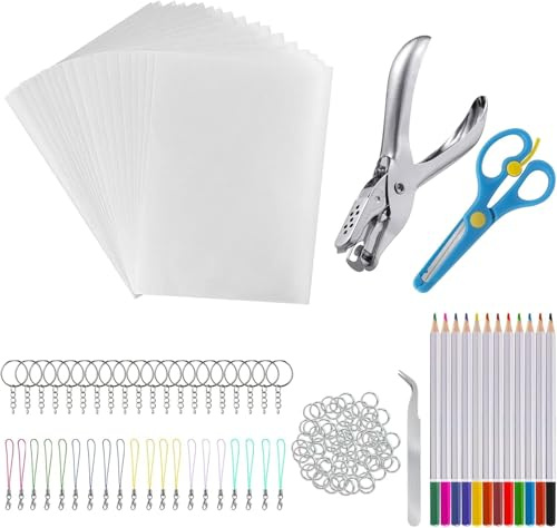 175 Pcs Shrink Plastic Sheets Kit, chfine Shrink Paper Keychain Kit with 20 Pcs Shrinky Dink Sheets 7.9x5.7, Hole Punch, Color Pencils, Jump Rings, DIY Crafts Keychain Making Mother Day Ornament