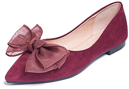 MACHSWON Womens Ballet Flats Pointed Toe Bow Faux Suede Ladies Black Slip On Ballet Pumps Dolly Shoes(Wine Red, Size 7.5)