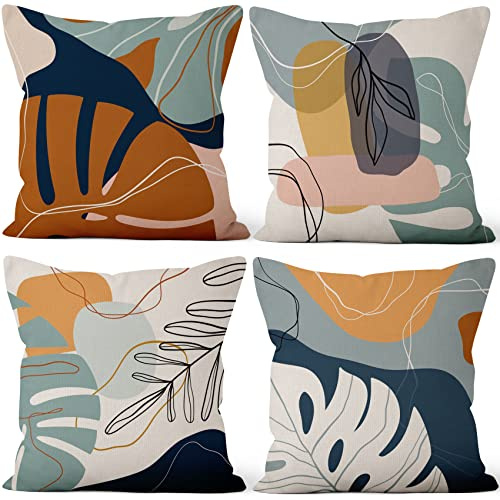 Aoihrraan 41x41cm Confezione da 4 Boho CopriCuscini Divano Botanico Pianta Naturale Foglia Boho Quadrata Federe Per Cuscini Decorazione In Lino Casa Decorazioni Soggiorno Salotto All'Aperto Divano