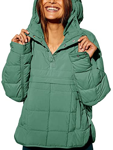 chouyatou Women's Quilted Pullover Puffer Jacket Packable Hooded Oversize Winter Coat Tops (Medium, Aqua Green)
