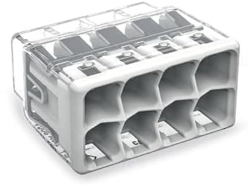 WAGO Connecteur d'épissage compact, pour conducteurs pleins et toronnés, max. 4 mm², 8 conducteurs, couverture gris clair, température de l'air ambiante, max 85°C (T85), 4,00 mm², transparent,