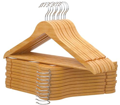 PORTENTUM Set de 20 Perchas de Madera para Ropa, Color Natural. Gancho Giratorio 360º, Perchas Pantalones, Colgador Antideslizante para Trajes, Chaquetas y Camisas, Muescas para Vestidos y Blusas