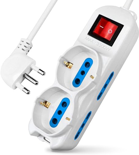 ProTool Multipresa Ciabatta Elettrica 6 posti, 4 prese bivalenti 2P+T 10/16A bipasso + 2 prese polivalenti 10A Schuko, cavo 1.5 m spina 16A 2P+T, colore bianco