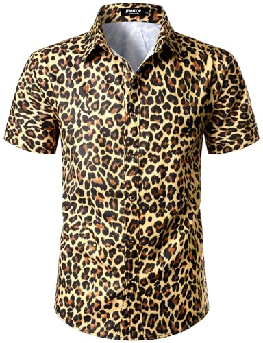 JEMITOP Men's Casual Hipster Leopard Cheetah Print Short Sleeve Button Down Shirt for Summer Party Gold L