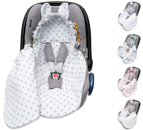Mikos Einschlagdecke Babyschale Sommer mit Kapuze für Neugeborenes, für Kindersitz Kinderwagen, Autositz, z.B. für Maxi-Cosi, 3-Punkt Gurt Grau Pucksack für Babys, Kinderautositz (51)