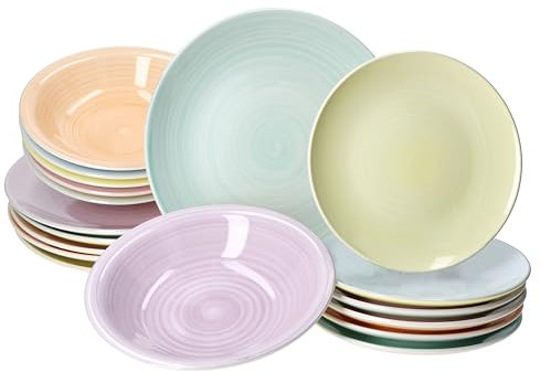 MamboCat Pastello - Set di 18 Piatti Colorati in Gres Porcellanato per 6 Persone, Piani, Fondi e da Torta, Dessert e Profondi