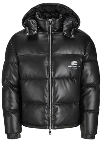 JACK & JONES Mens Black Puffer Jacket with Detachable Hood and Front Zipper Closure Winterwear Jacket for Men, Black Colour, Size- XL